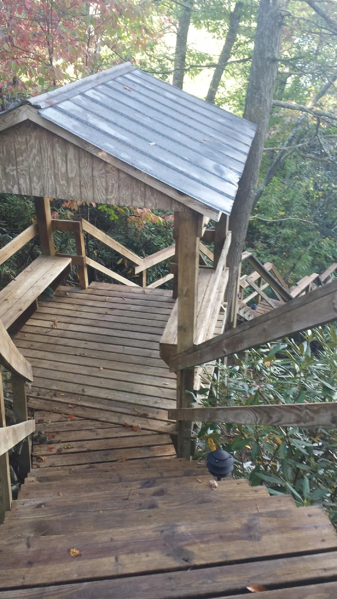 Metal roofed shelter over wooden steps on a wooded walkway — Skylight Repair & Installation work by our crew in Kathryn